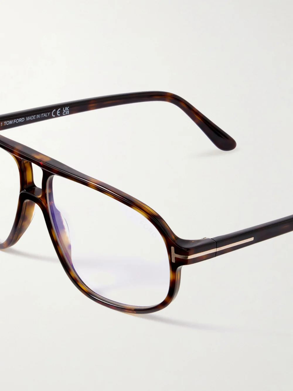 Close-up detail of the Tom Ford Aviator-style Tortoiseshell Acetate Optical Glasses