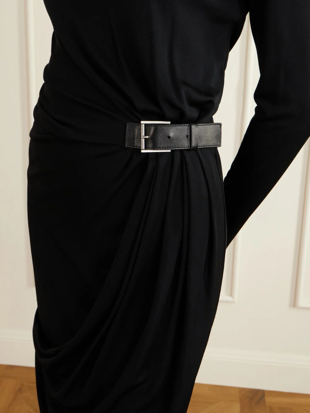 Close-up detail of the Tom Ford Belted Draped Jersey Midi Dress