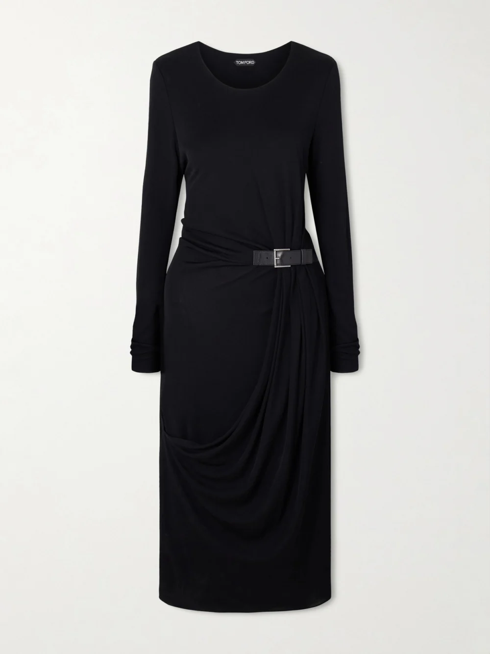 Tom Ford Belted Draped Jersey Midi Dress in black