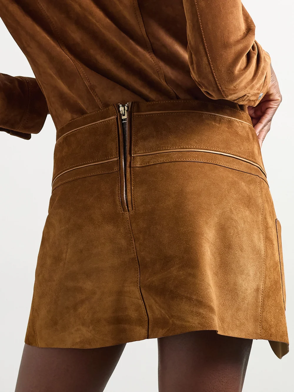 Back view of the Tom Ford Belted Layered Suede Mini Skirt
