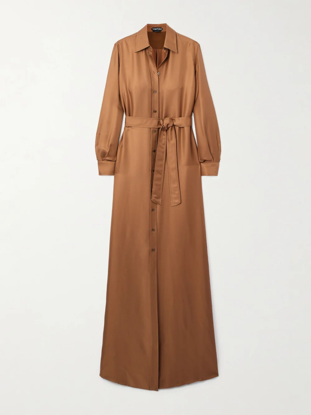 Tom Ford Belted Silk-twill Maxi Shirt Dress in camel