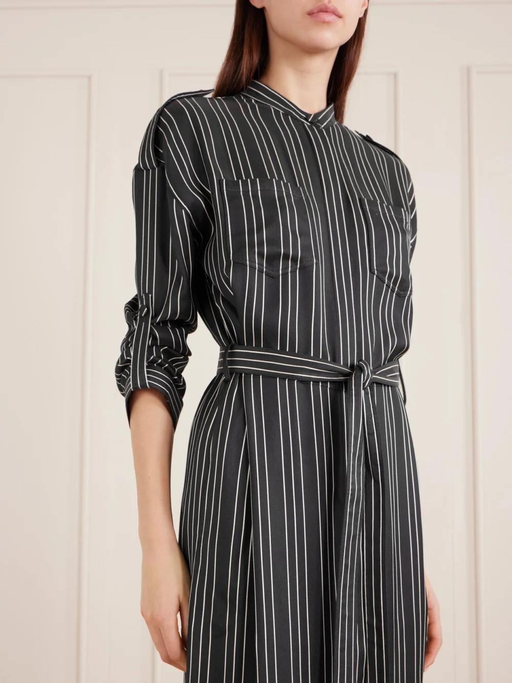 Close-up detail of the Tom Ford Belted Striped Silk-twill Maxi Dress