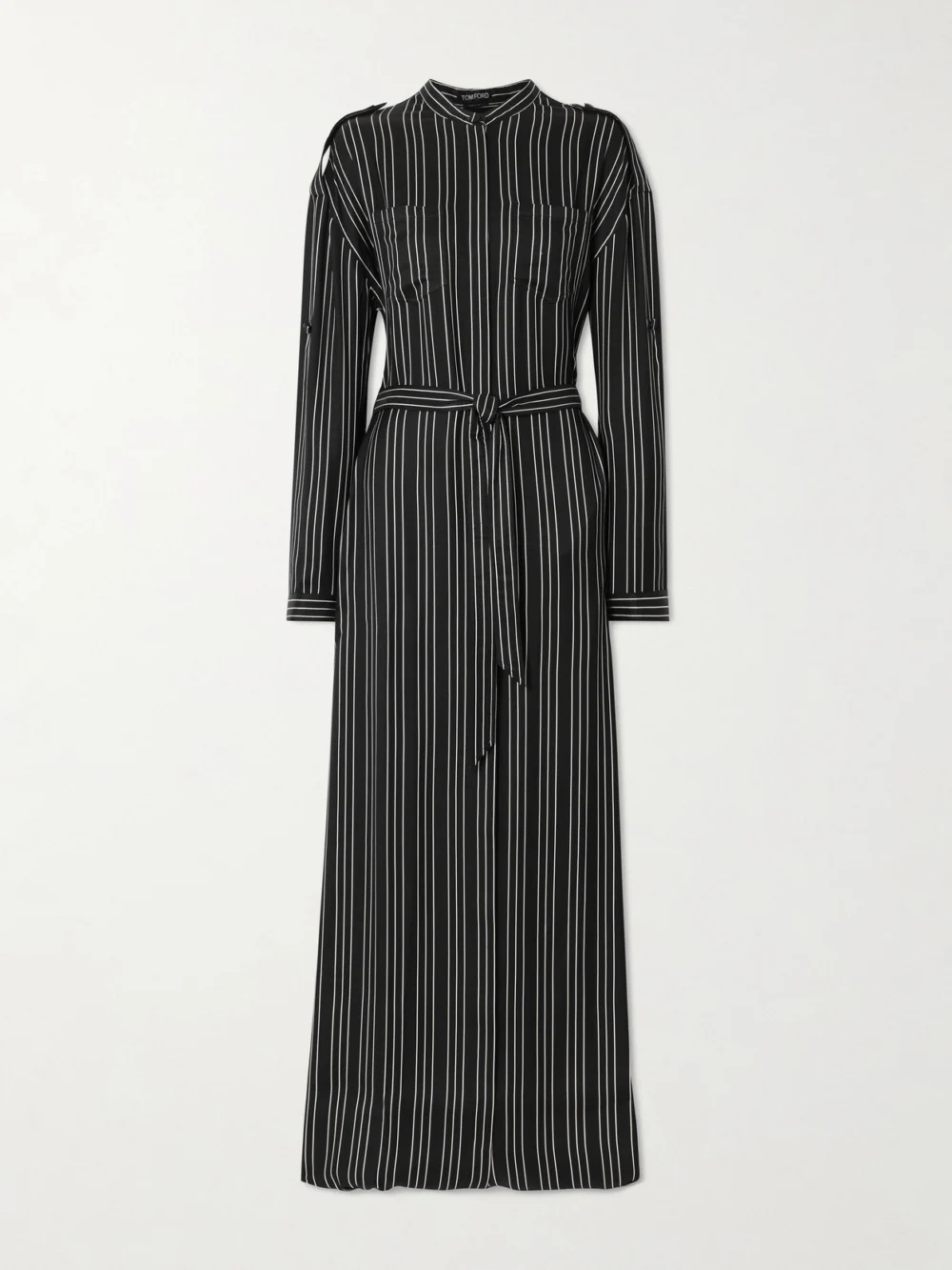 Tom Ford Belted Striped Silk-twill Maxi Dress in black