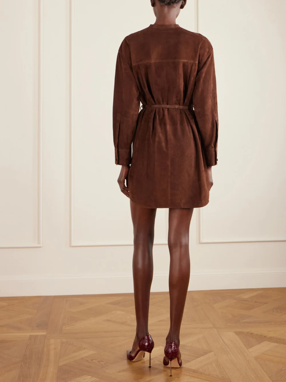 Back view of the Tom Ford Belted Suede Mini Shirt Dress