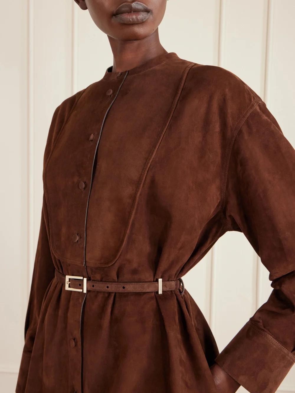 Close-up detail of the Tom Ford Belted Suede Mini Shirt Dress