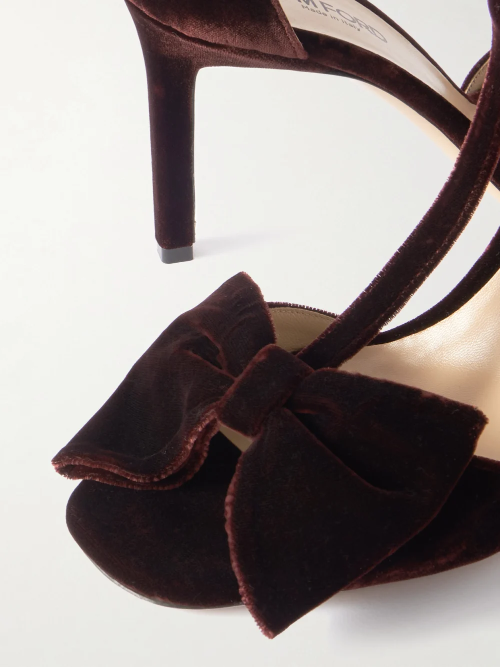 Close-up detail of the Tom Ford Brigitte Bow-embellished Velvet Sandals