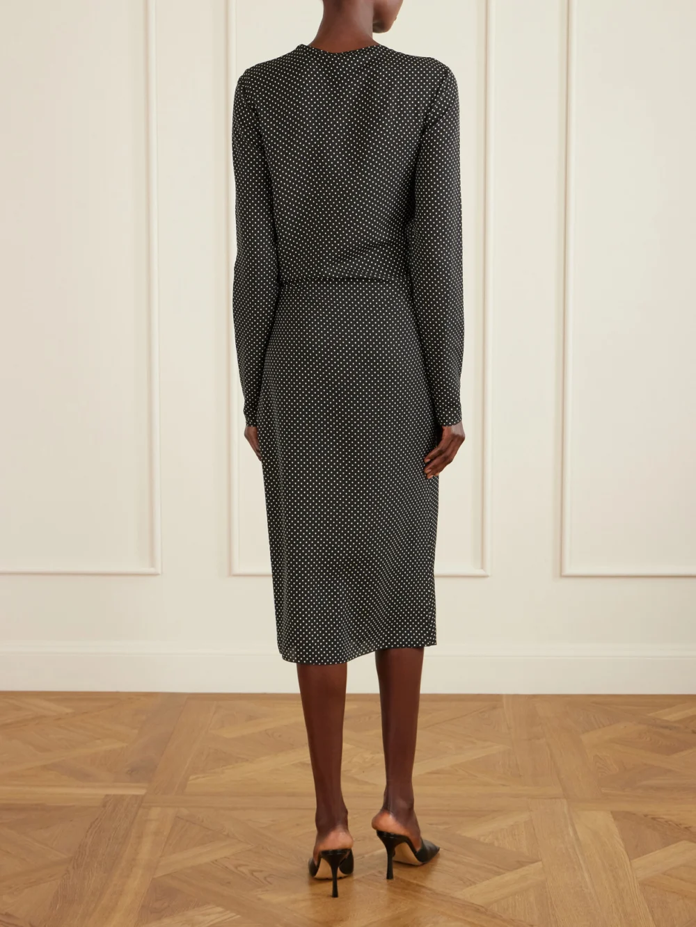 Back view of the Tom Ford Buckle-detailed Polka-dot Silk-twill Midi Dress