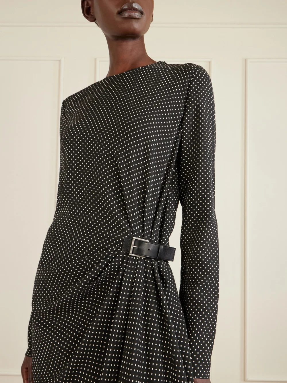 Close-up detail of the Tom Ford Buckle-detailed Polka-dot Silk-twill Midi Dress
