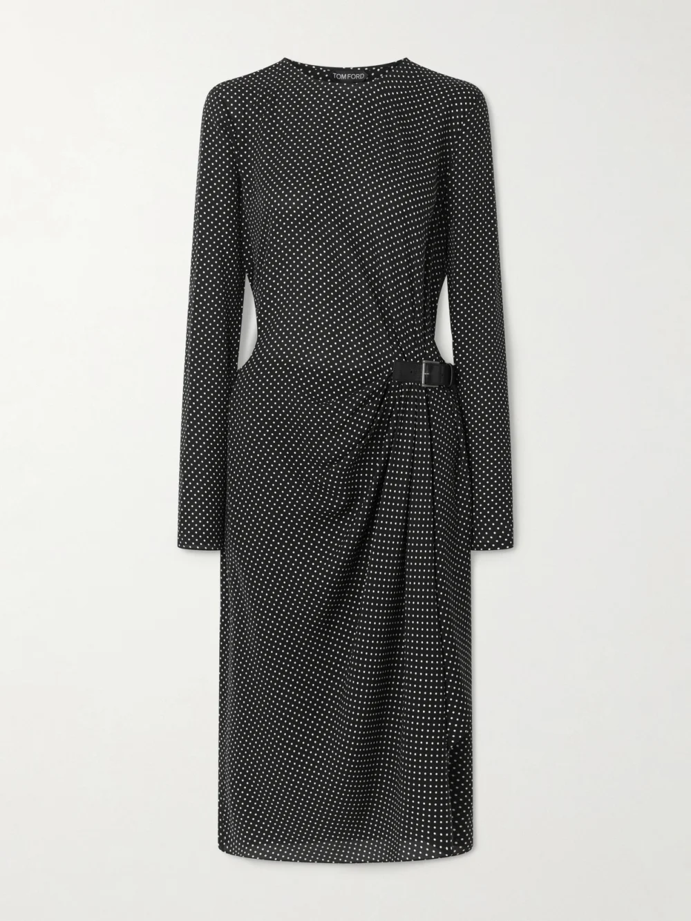 Tom Ford Buckle-detailed Polka-dot Silk-twill Midi Dress in black
