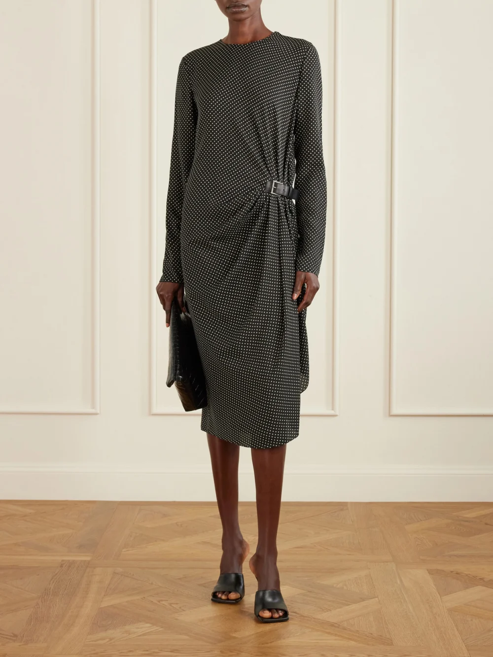 Tom Ford Buckle-detailed Polka-dot Silk-twill Midi Dress, worn by a model