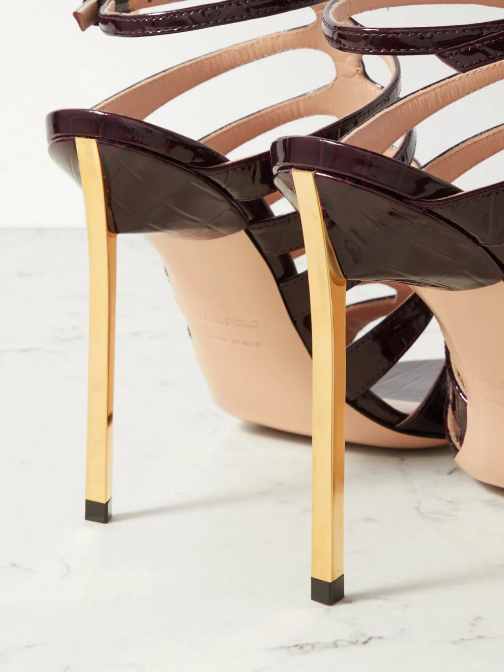 Close-up detail of the Tom Ford Carine Croc-effect Patent-leather Sandals