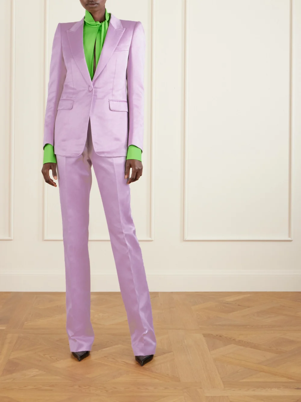 Tom Ford Cotton and Silk-blend Duchesse Satin Straight-leg Pants, worn by a model