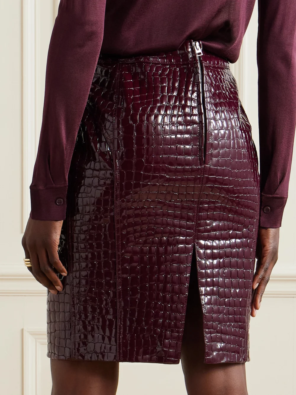 Back view of the Tom Ford Croc-effect Patent-leather Skirt