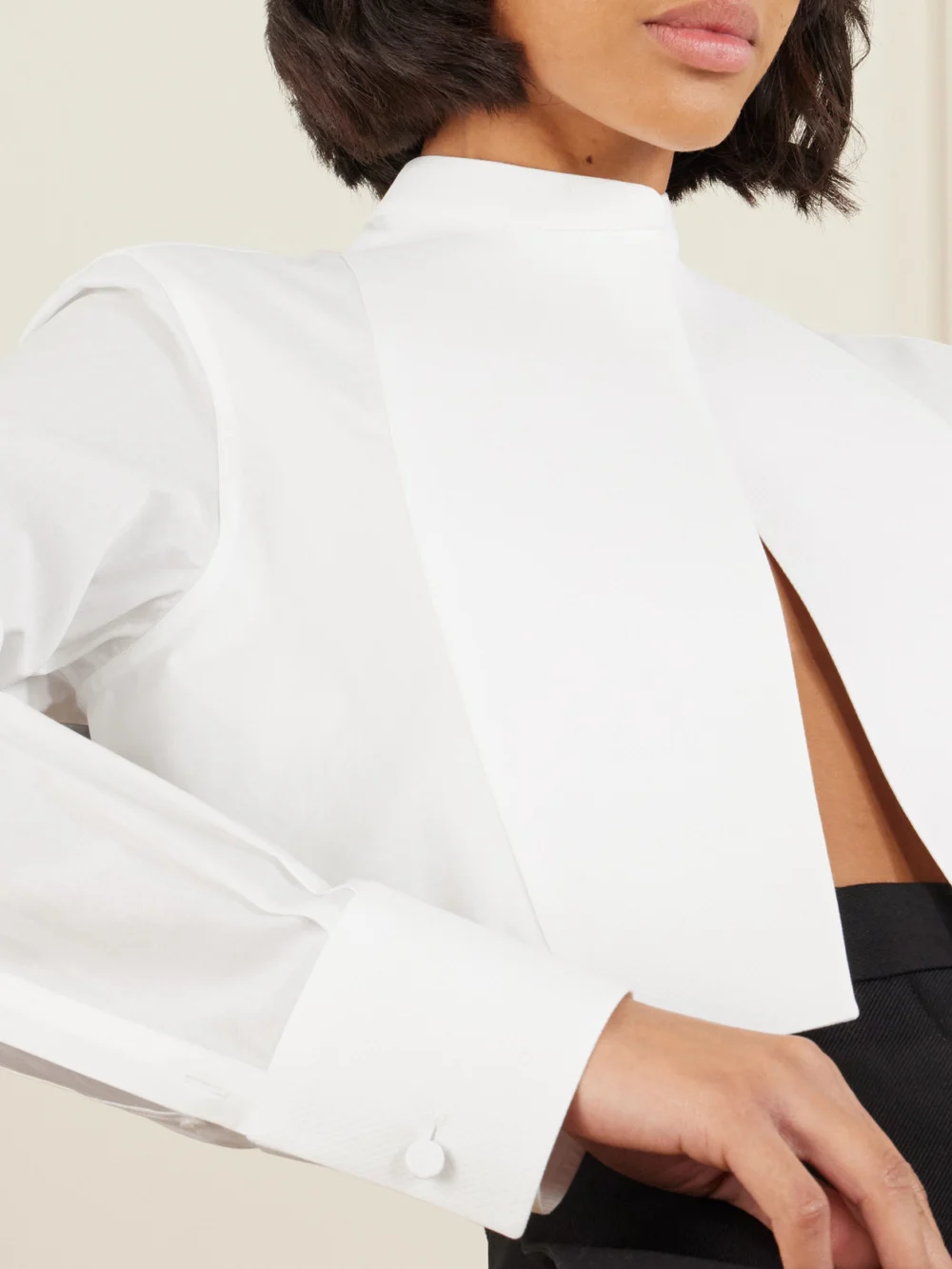 Close-up detail of the Tom Ford Cropped Paneled Cotton-twill and Voile Shirt