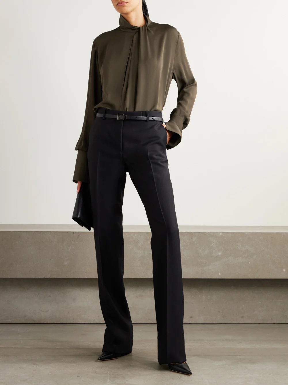 Tom Ford Cutout Draped Pleated Silk-georgette Blouse, worn by a model