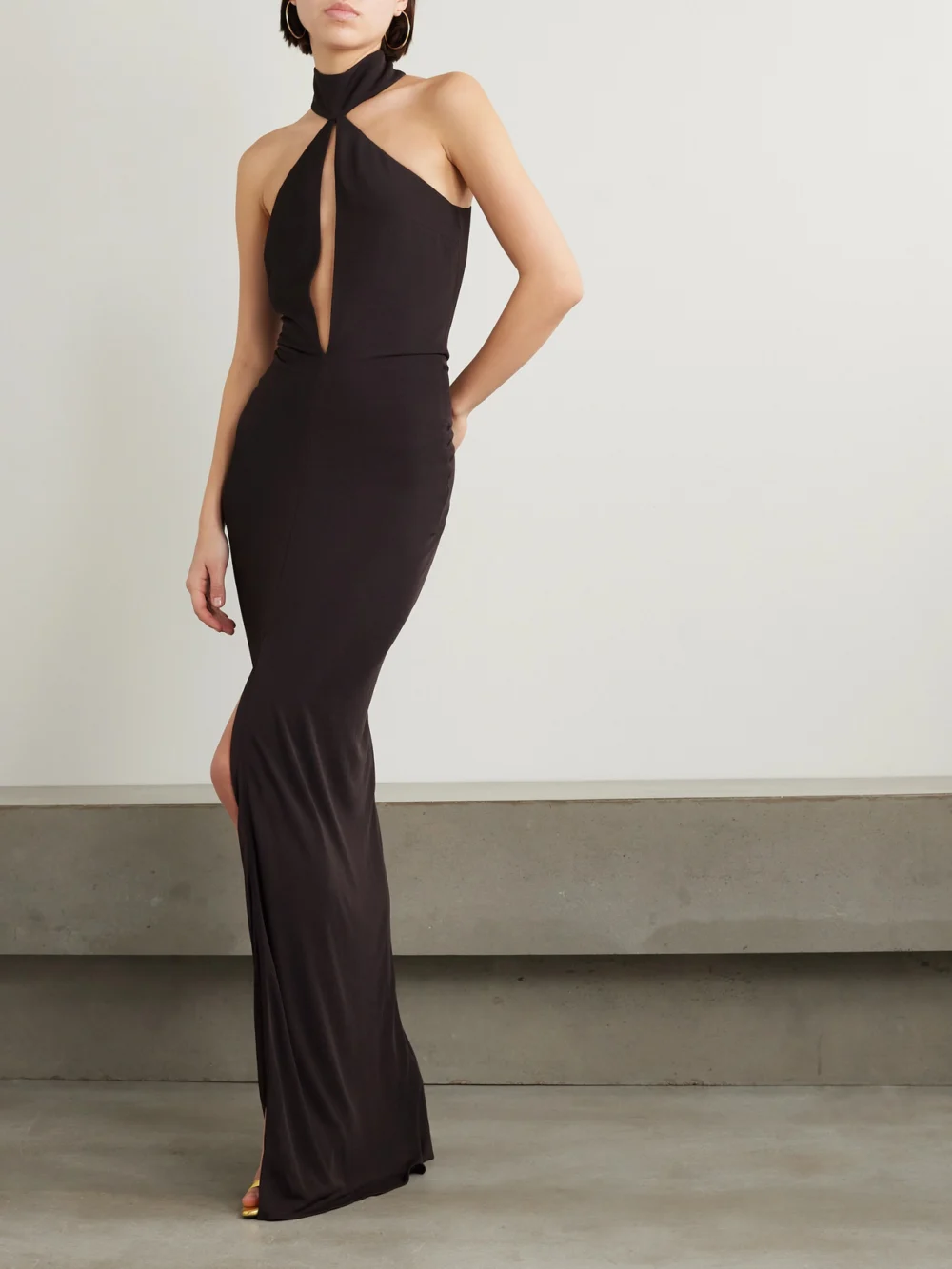Tom Ford Cutout Gathered Jersey Halterneck Gown, worn by a model
