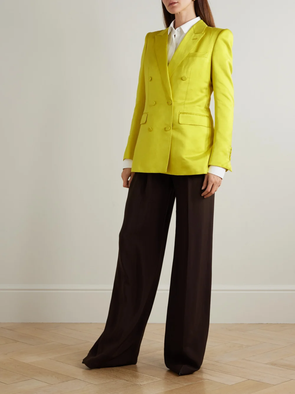 Tom Ford Double-breasted Cotton and Silk-blend Hammered-satin Blazer, worn by a model