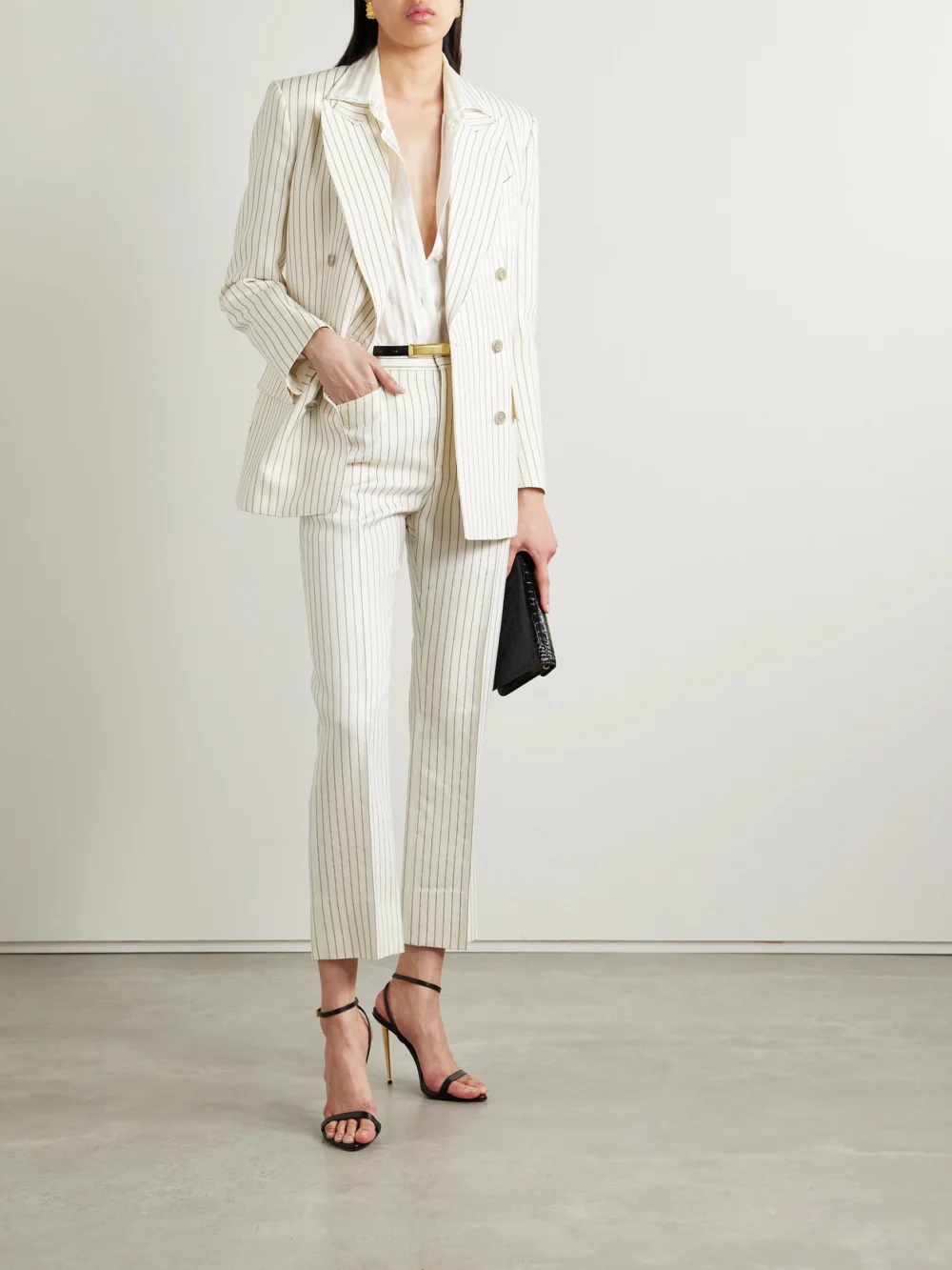 Tom Ford Double-breasted Pinstripe Wool-blend Twill Blazer, worn by a model