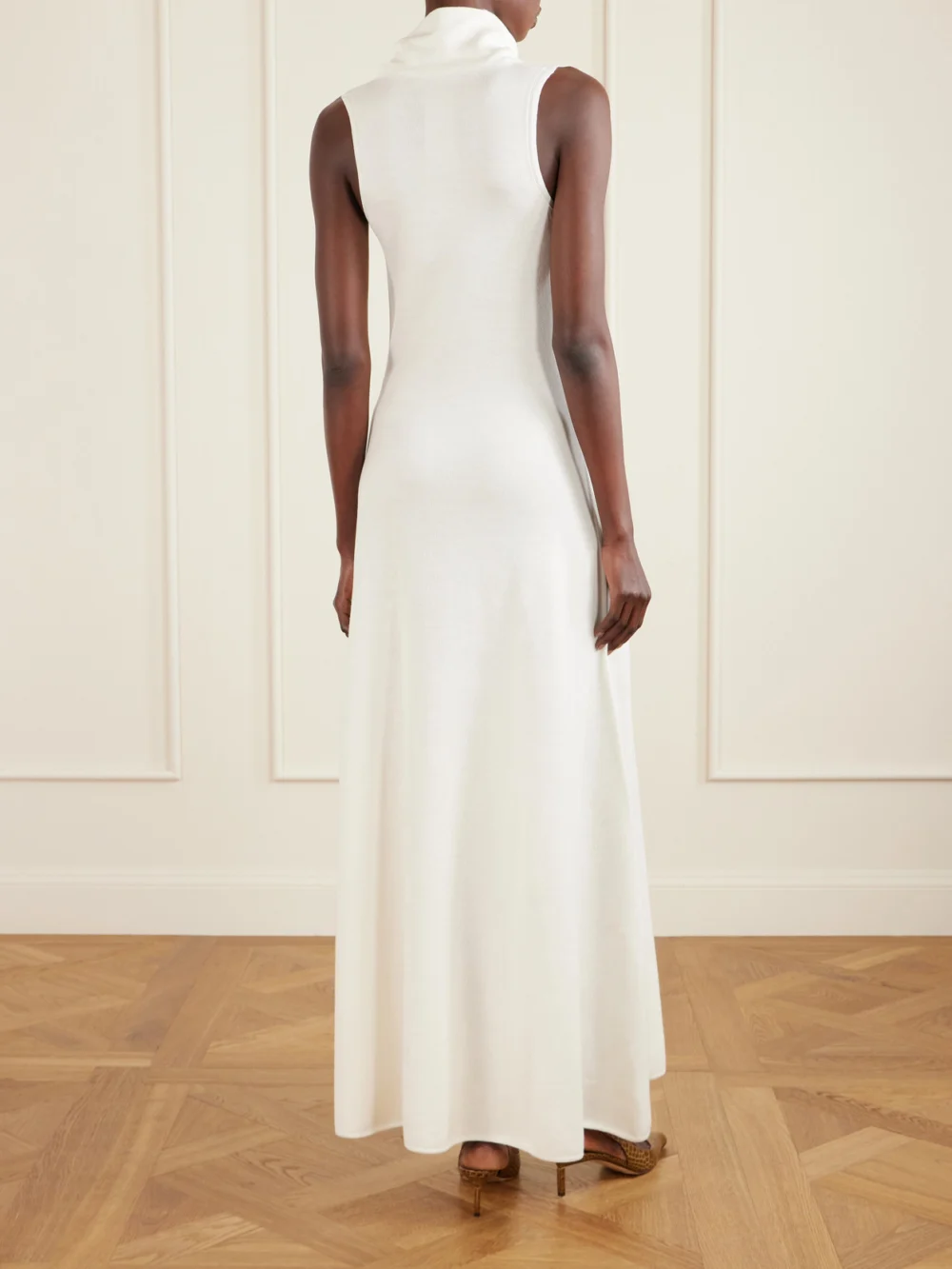 Back view of the Tom Ford Draped Wool-blend Piqué Maxi Dress