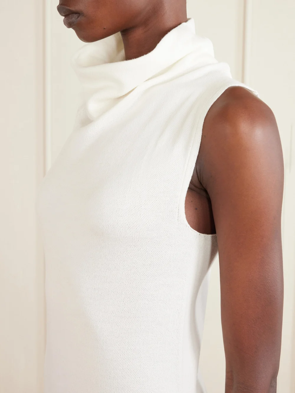 Close-up detail of the Tom Ford Draped Wool-blend Piqué Maxi Dress