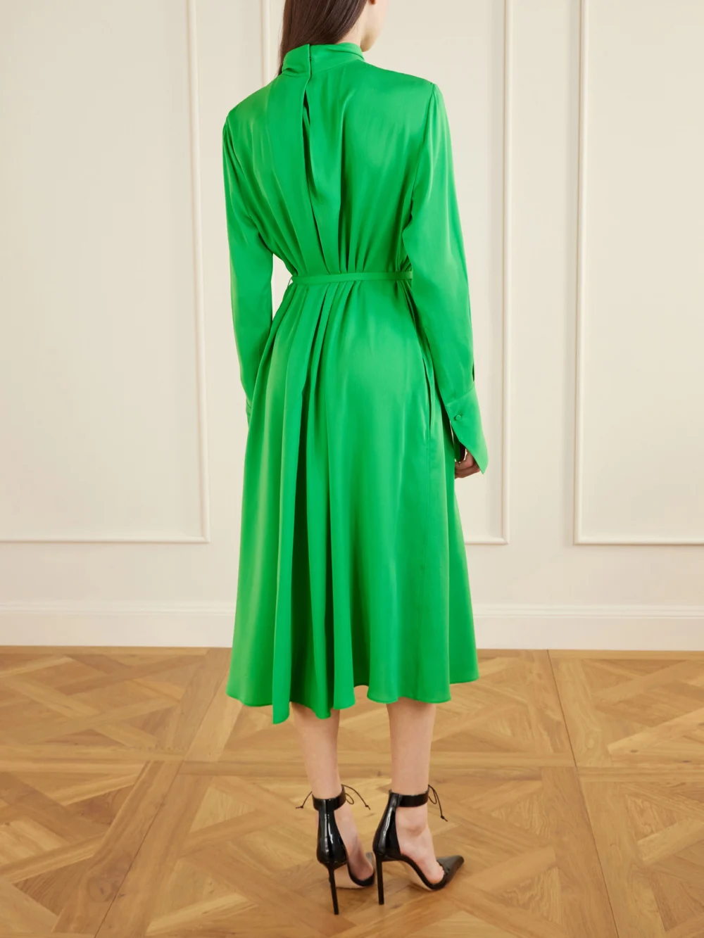 Back view of the Tom Ford Embellished Belted Pleated Silk-georgette Midi Dress
