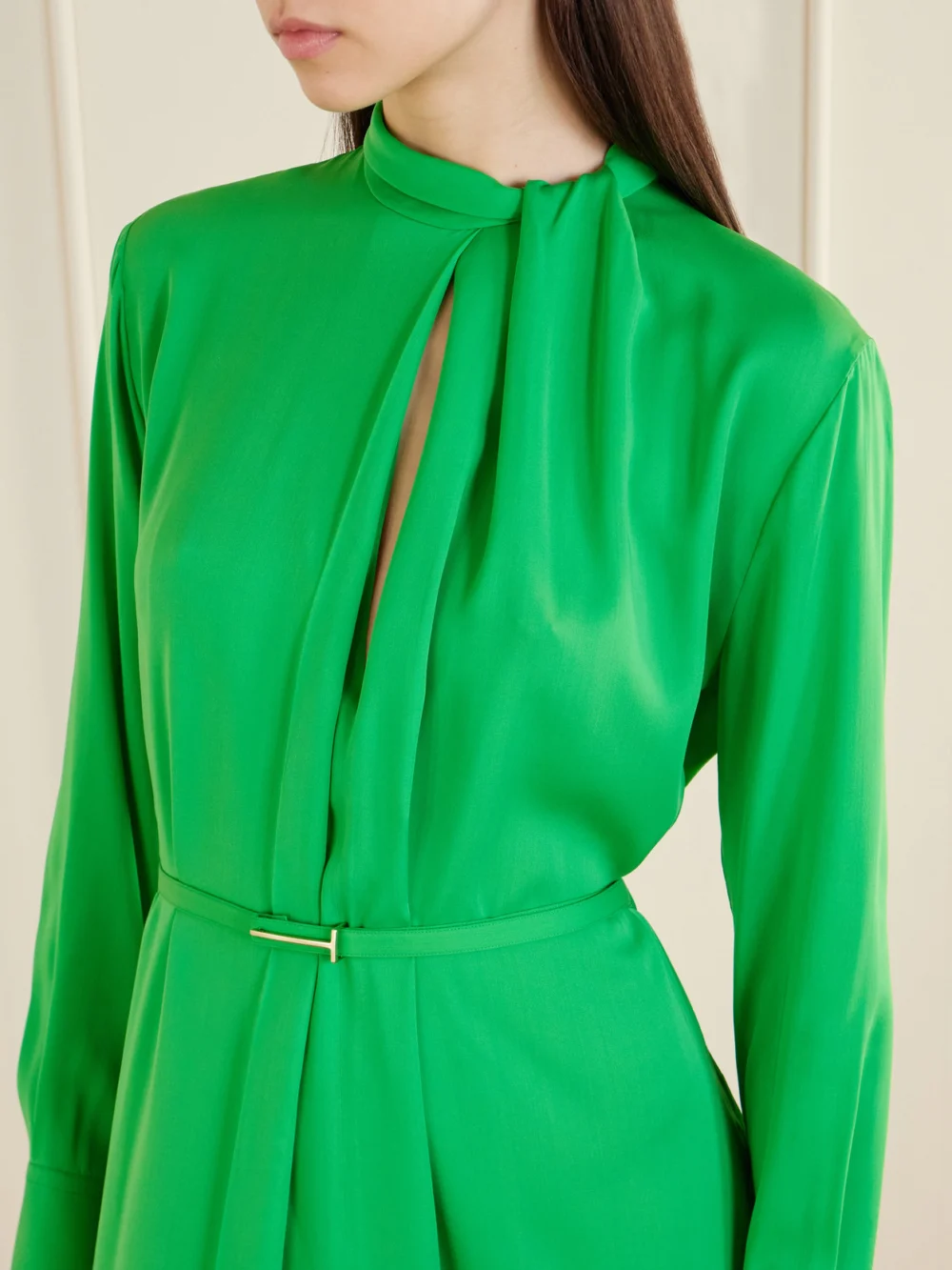 Close-up detail of the Tom Ford Embellished Belted Pleated Silk-georgette Midi Dress