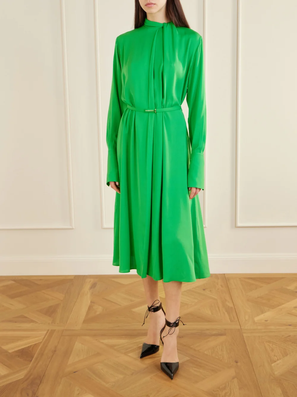 Tom Ford Embellished Belted Pleated Silk-georgette Midi Dress, worn by a model