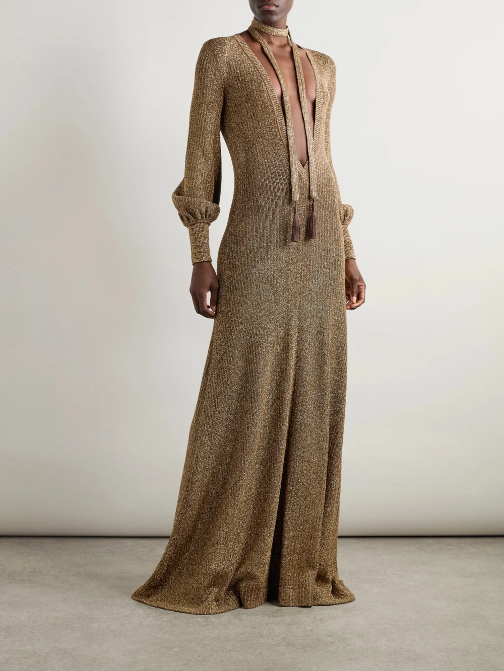 Tom Ford Embellished Metallic Jersey Maxi Dress, worn by a model