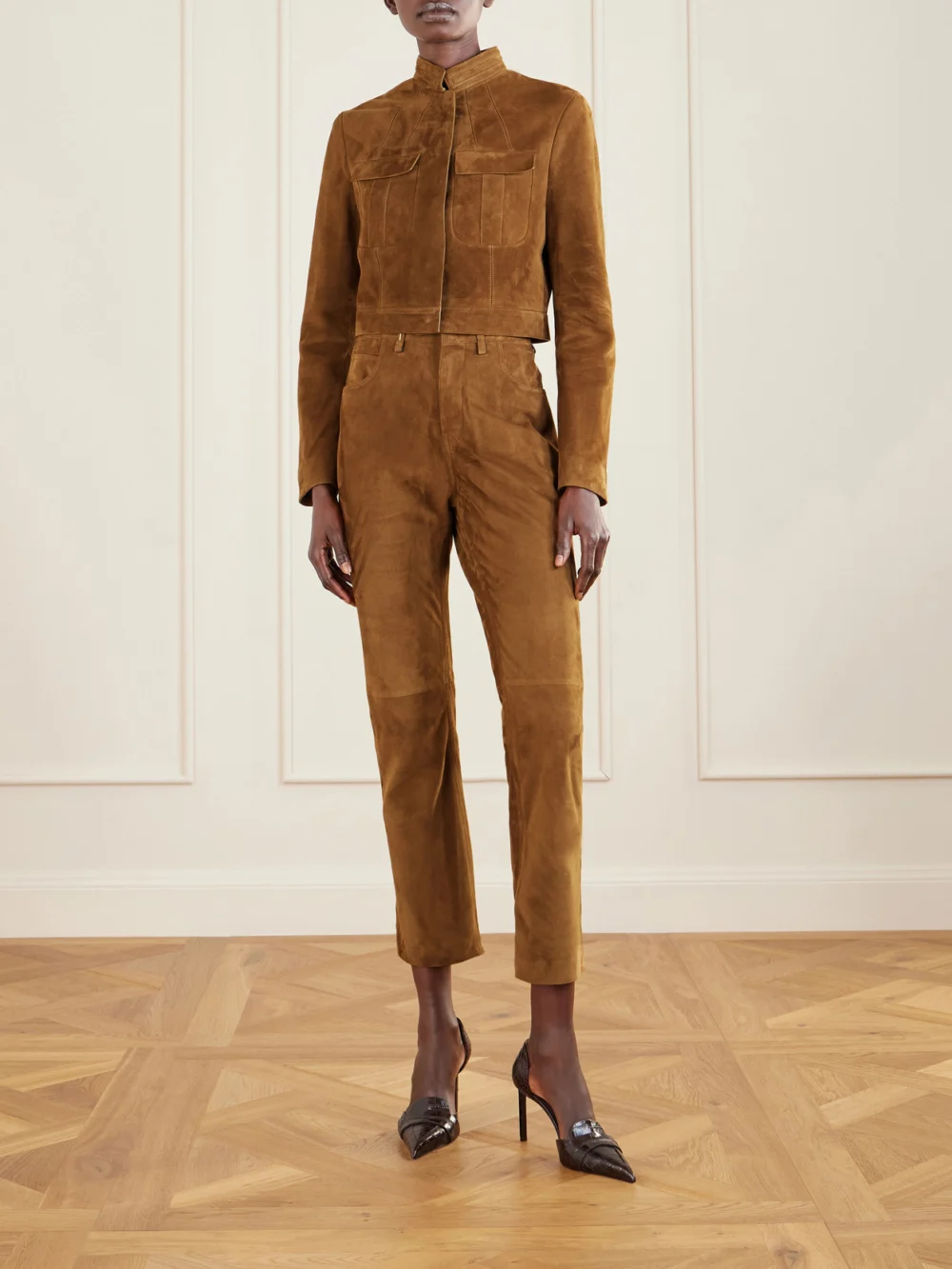 Tom Ford Embellished Paneled Suede Straight-leg Pants, worn by a model