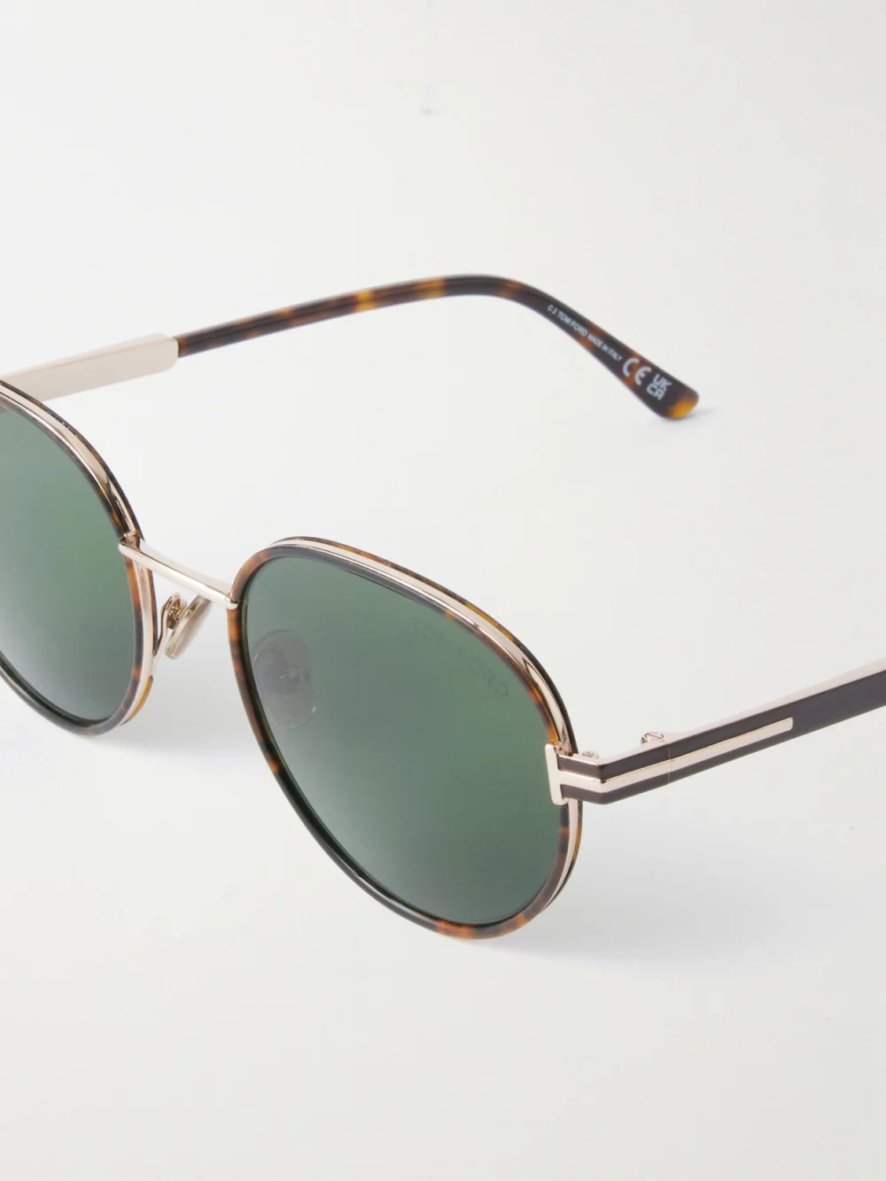 Close-up detail of the Tom Ford Jet-02 Round-frame Gold-tone and Tortoiseshell Acetate Sunglasses