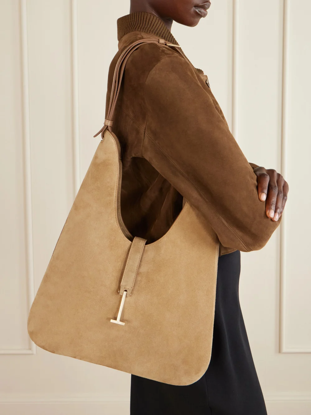 Tom Ford Kara T-embellished Medium Suede Shoulder Bag, styled view