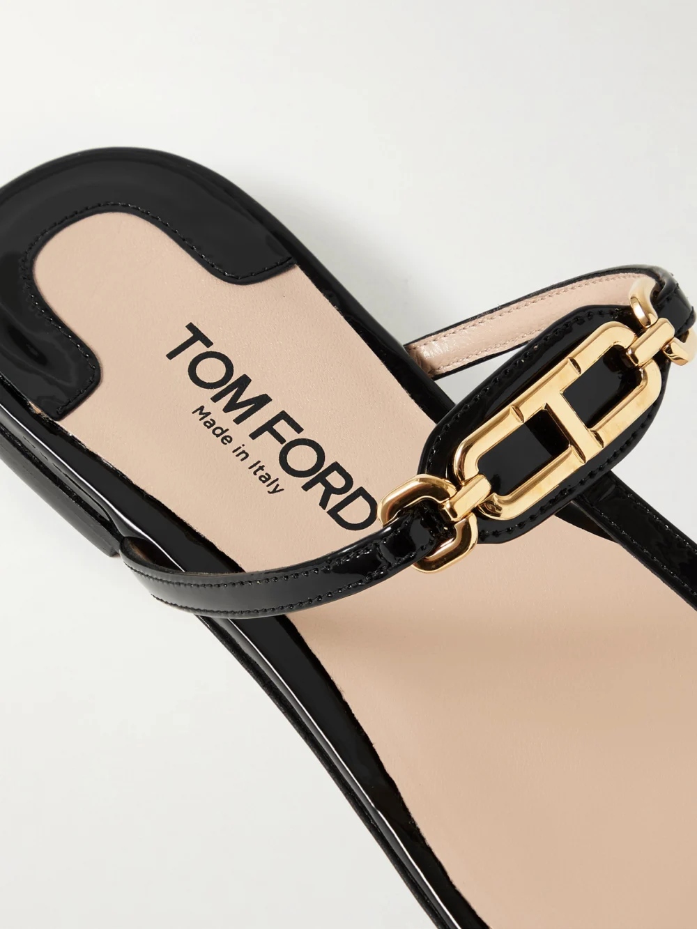 Close-up detail of the Tom Ford Logo-embellished Patent-leather Sandals