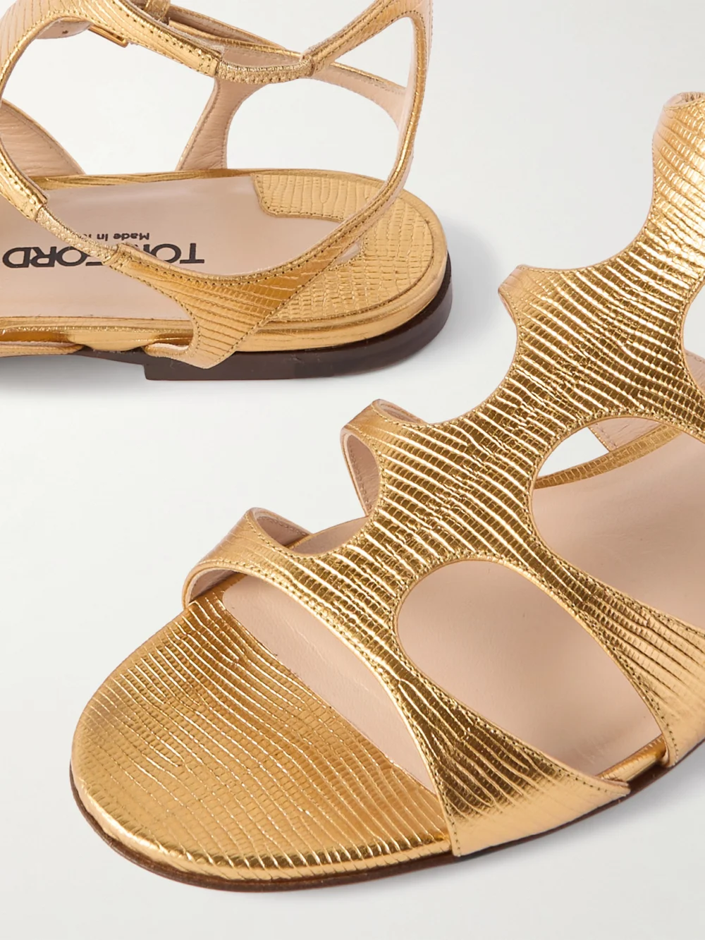 Close-up detail of the Tom Ford Metallic Lizard-effect Leather Sandals