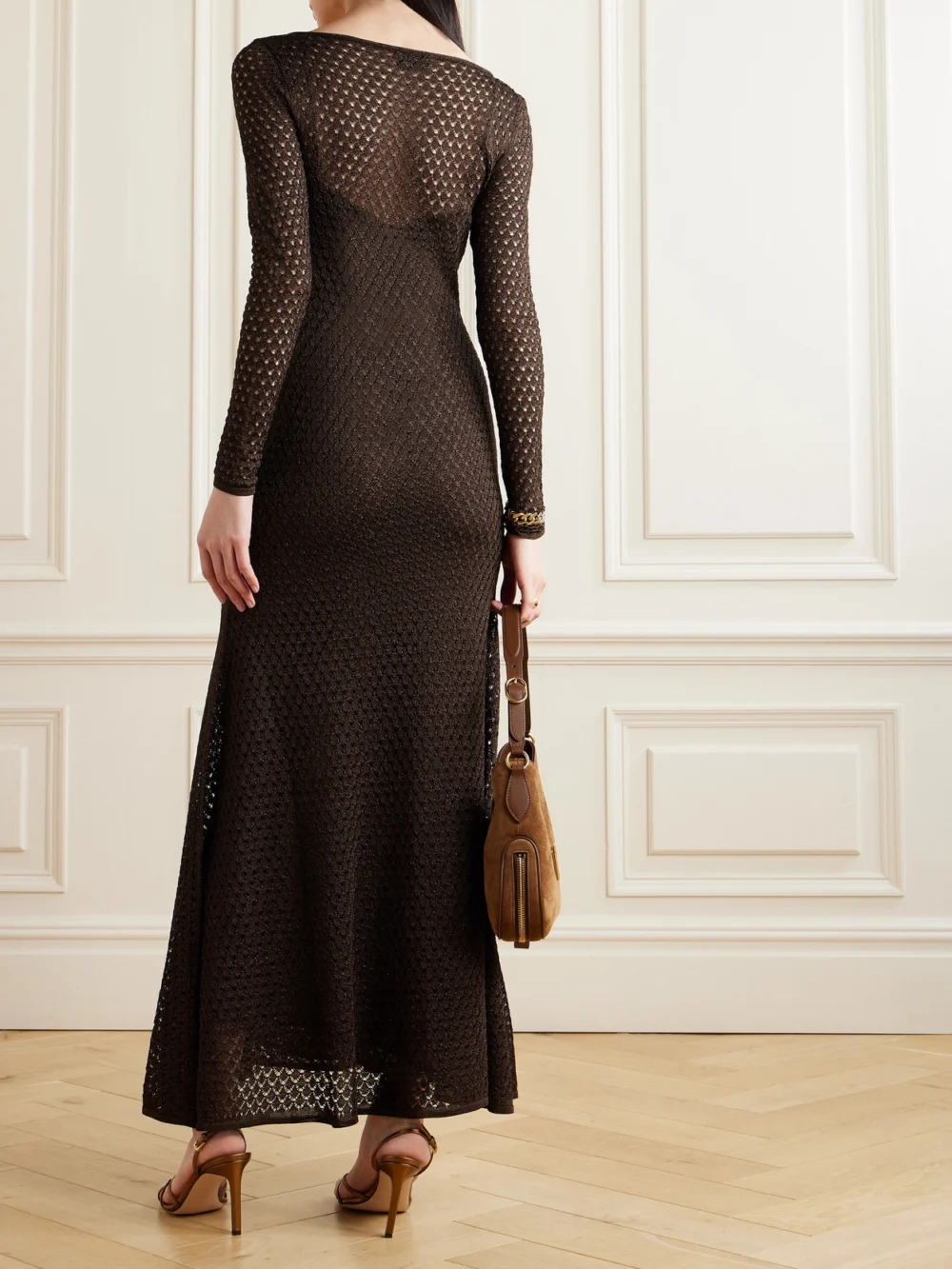 Back view of the Tom Ford Metallic Open-knit Maxi Dress