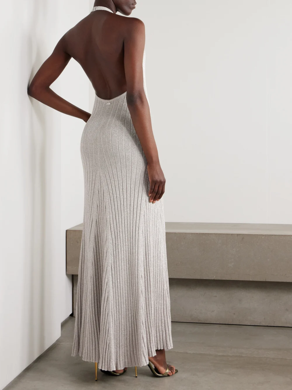 Back view of the Tom Ford Metallic Ribbed-knit Halterneck Maxi Dress