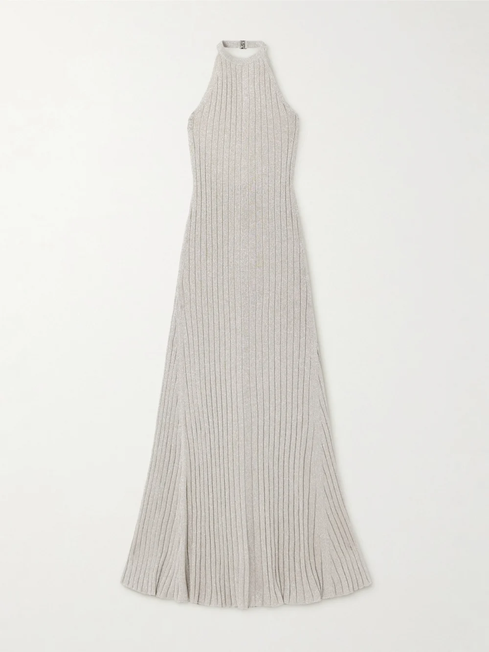 Tom Ford Metallic Ribbed-knit Halterneck Maxi Dress in silver