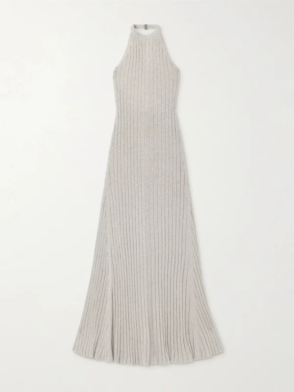 Tom Ford Metallic Ribbed-knit Halterneck Maxi Dress