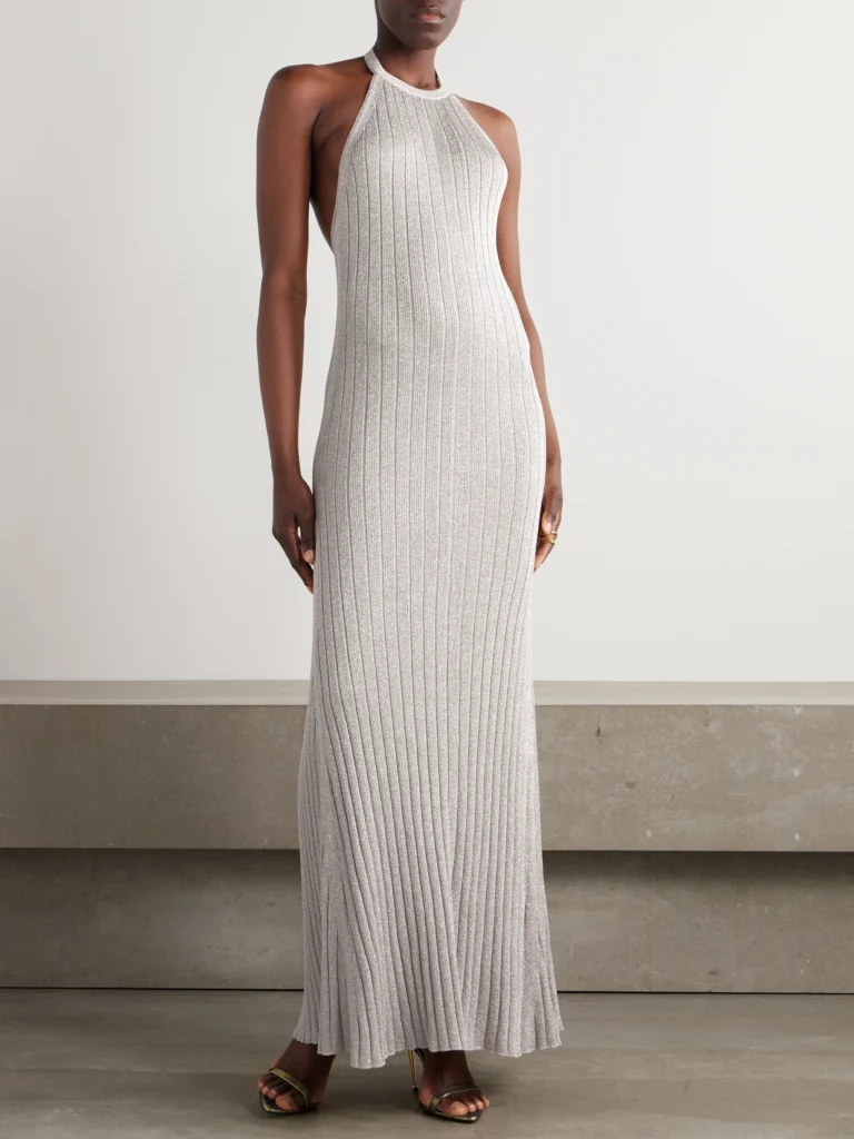 Tom Ford Metallic Ribbed-knit Halterneck Maxi Dress
