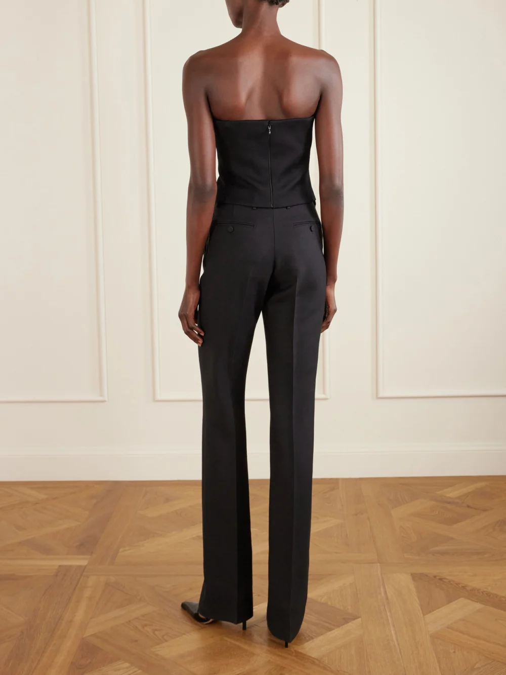 Back view of the Tom Ford Off-the-shoulder Snake-effect Leather-trimmed Wool-twill Top