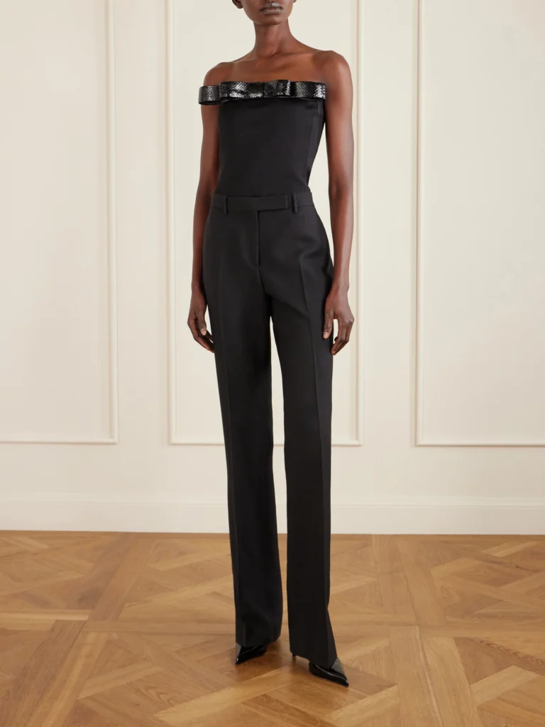 Tom Ford Off-the-shoulder Snake-effect Leather-trimmed Wool-twill Top