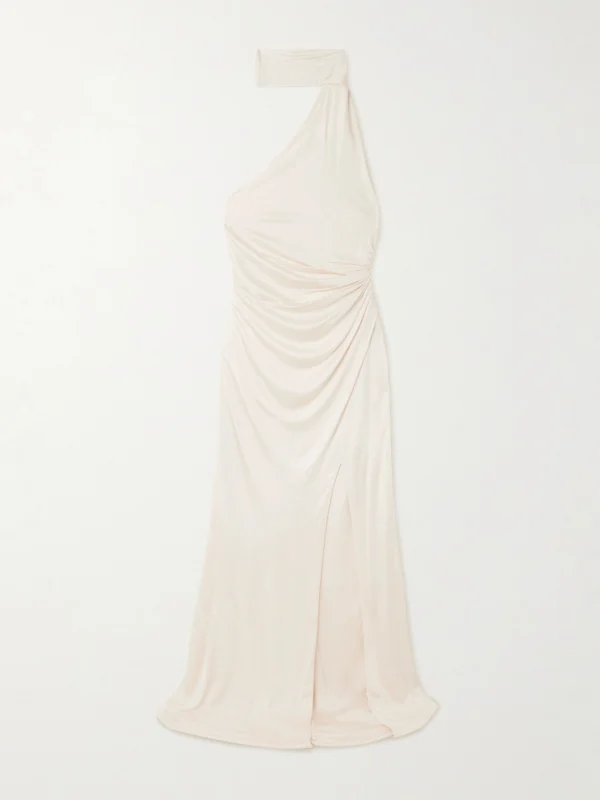 Tom Ford One-shoulder Paneled Ruched Satin-jersey Halterneck Gown