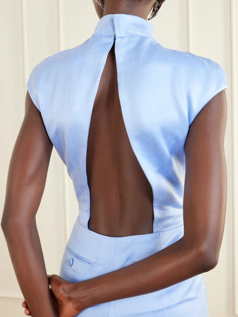 Close-up detail of the Tom Ford Open-back Cotton and Silk-blend Duchesse-satin Turtleneck Playsuit