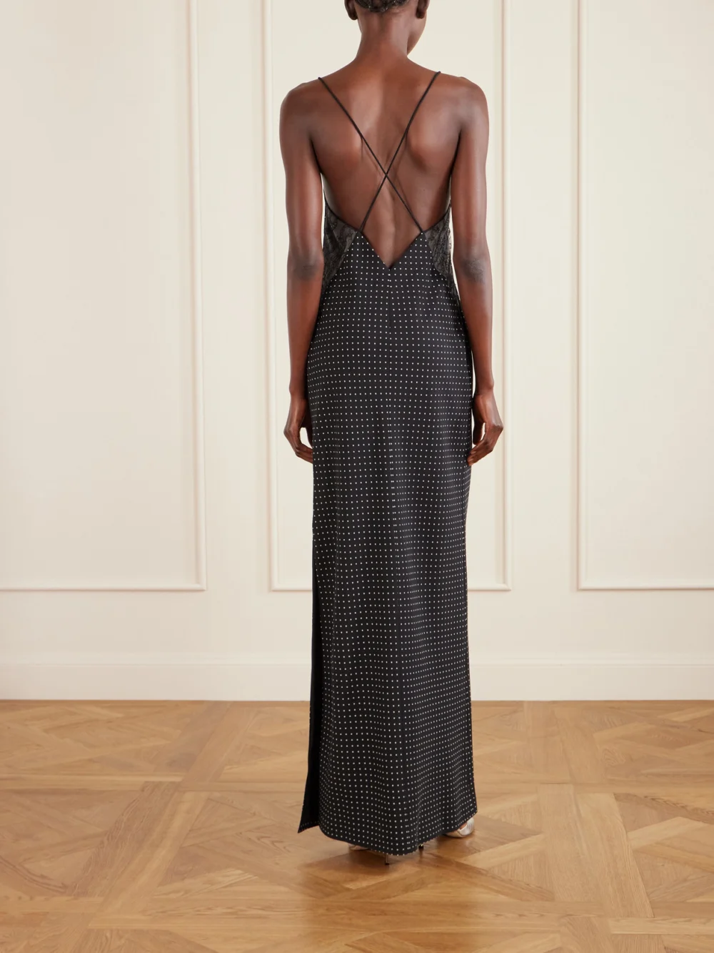 Back view of the Tom Ford Open-back Lace-trimmed Polka-dot Silk-crepe Maxi Dress