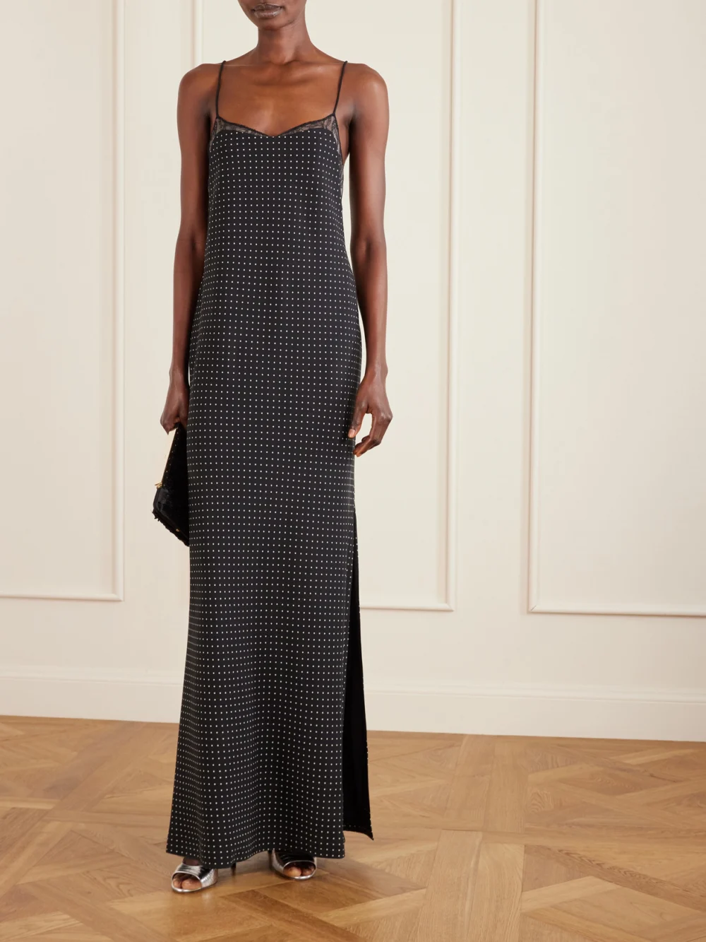 Tom Ford Open-back Lace-trimmed Polka-dot Silk-crepe Maxi Dress, worn by a model