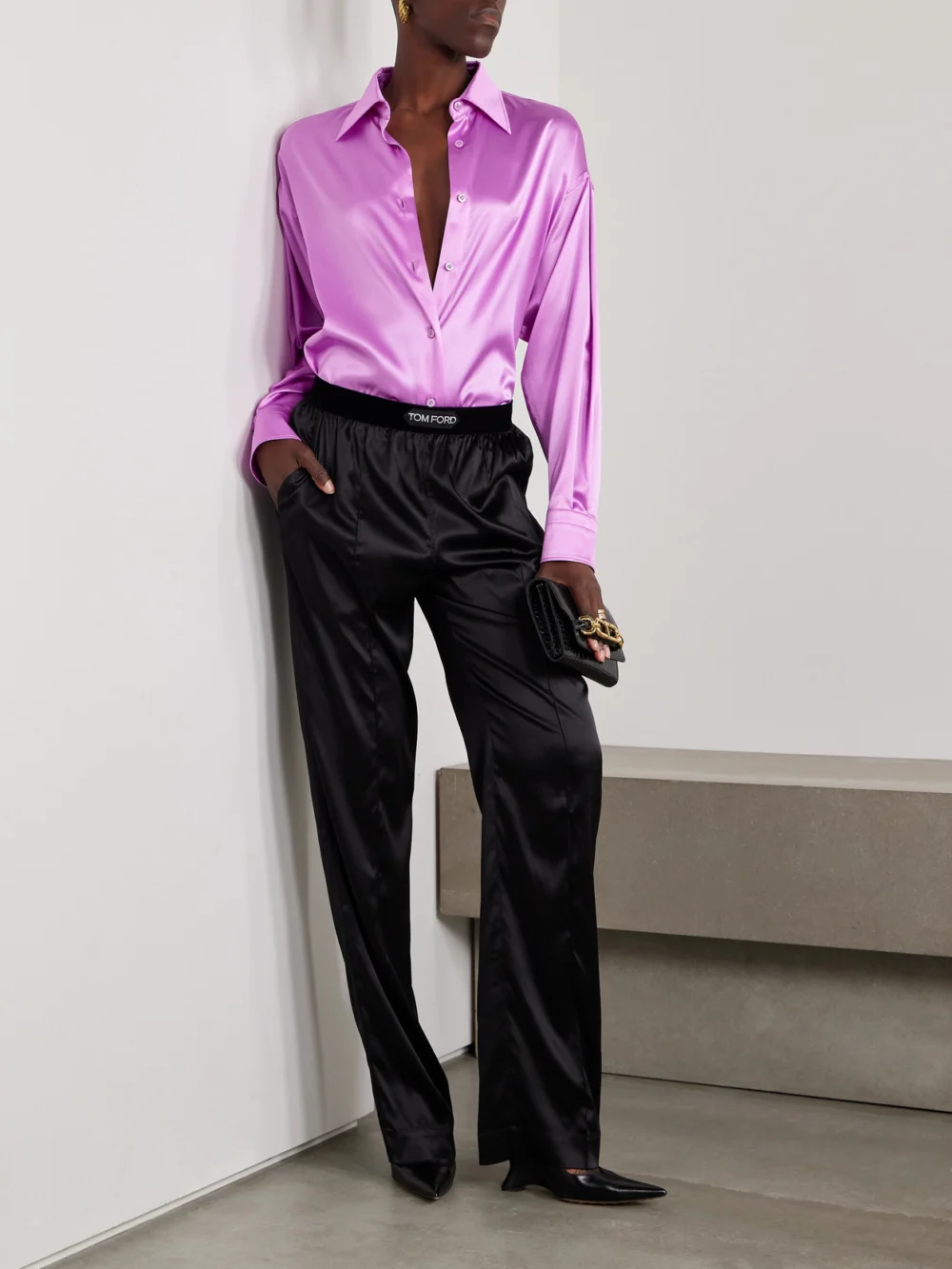 Tom Ford Oversized Stretch-silk Satin Shirt, worn by a model