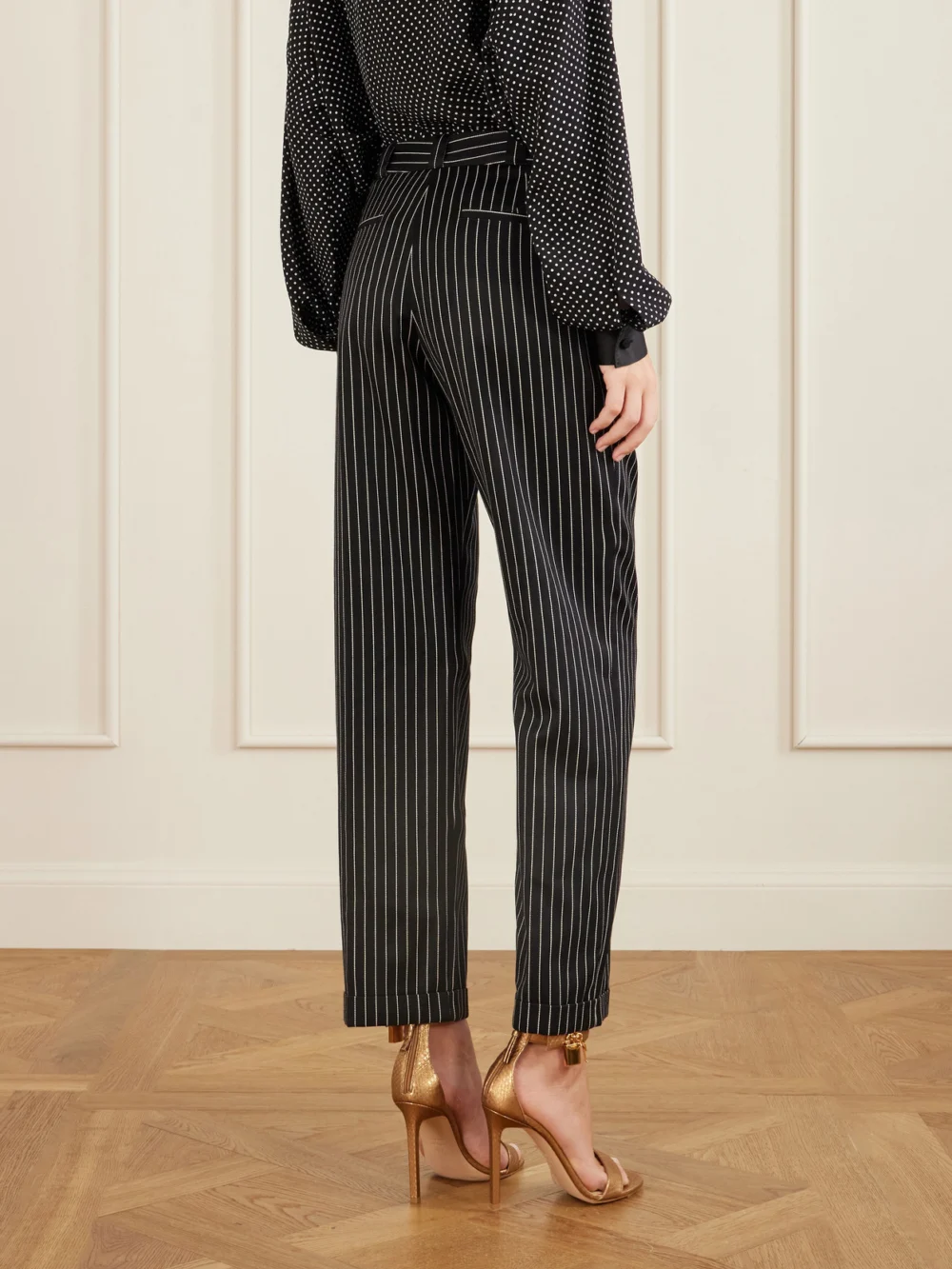 Back view of the Tom Ford Pinstriped Wool and Cotton-blend Straight-leg Pants