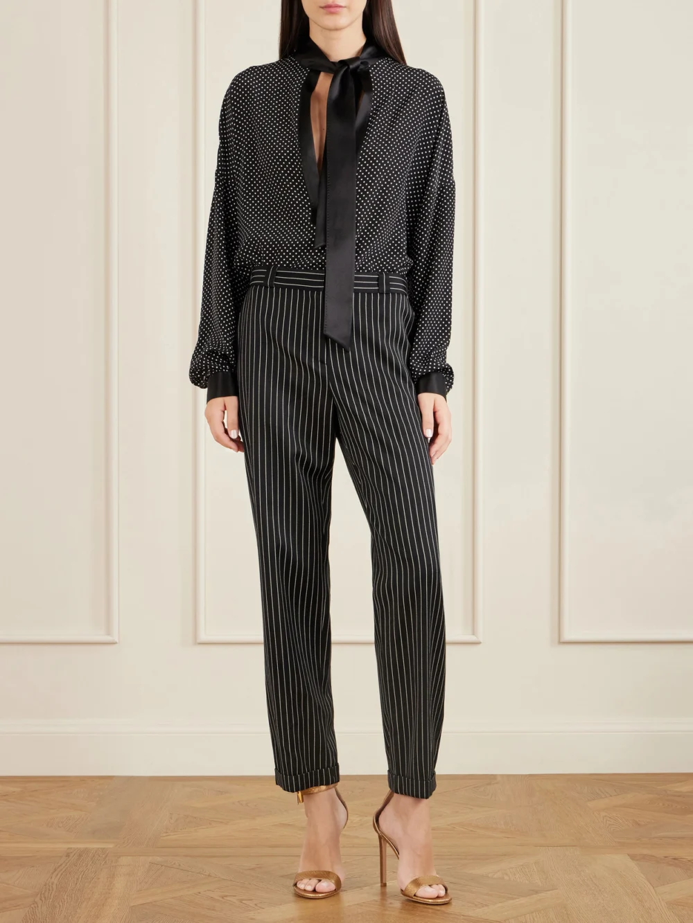 Tom Ford Pinstriped Wool and Cotton-blend Straight-leg Pants, worn by a model