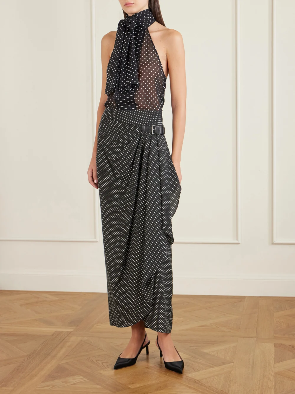 Tom Ford Pussy-bow Polka-dot Silk-georgette Top, worn by a model