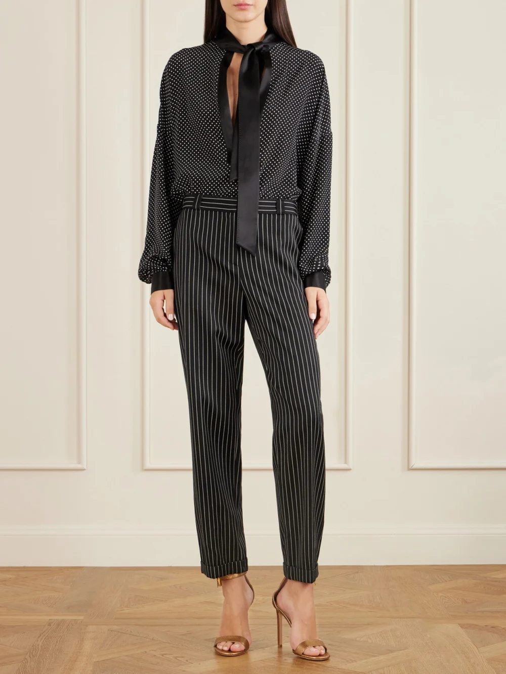 Tom Ford Pussy-bow Polka-dot Silk-satin Blouse, worn by a model