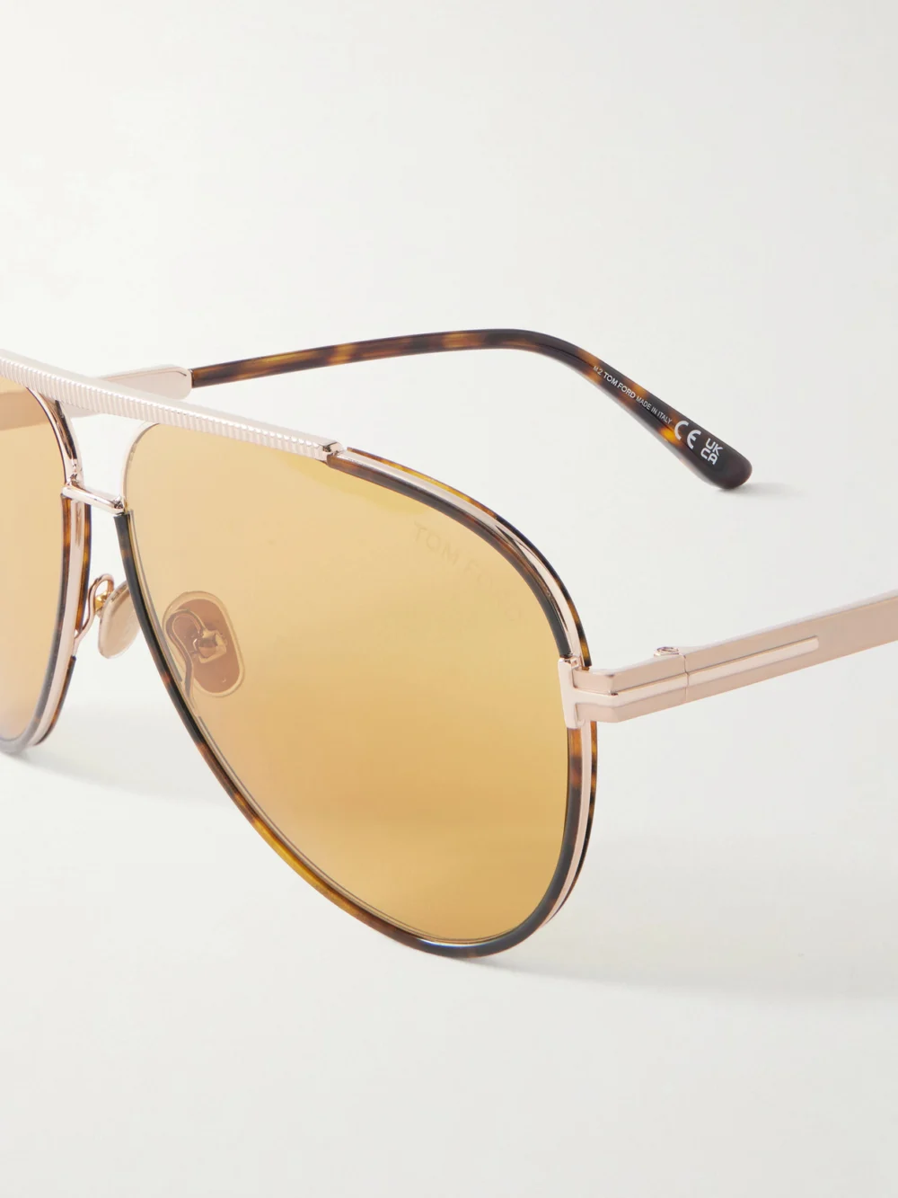 Close-up detail of the Tom Ford Rupert-02 Aviator-style Tortoiseshell and Metal Sunglasses